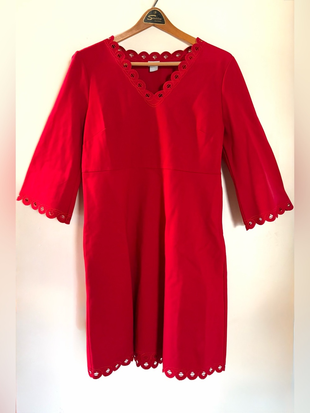 Chico's- Bright Red V-Neck Midi Dress with Scalloped Eyelet Trim